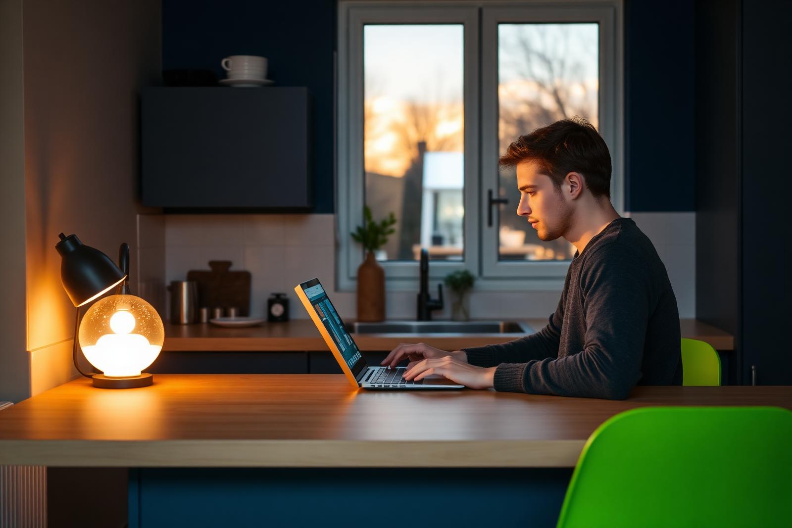 Person jämför elpriser på laptop i ett svenskt kök